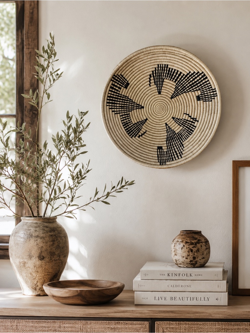 Handwoven African Sisal Wall Basket – Black & Natural Geometric 12”